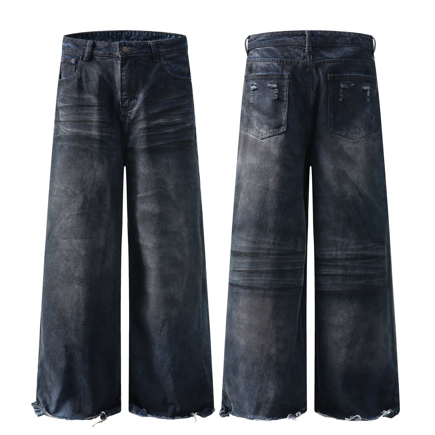 Washed Denim Pants - Straight Wide Leg Trousers