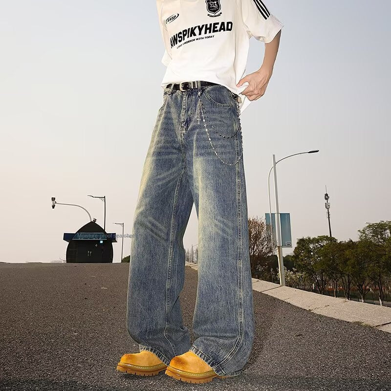 Retro Washed Cat Whisker Denim Jeans for Men