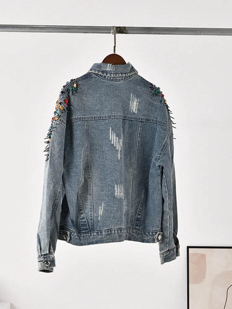 Long Sleeve Colorful Rivet Denim Jacket - Vintage Autumn Outwear