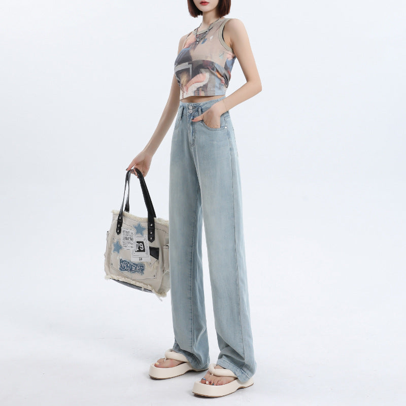 Women's Wide-Leg Jeans Summer Thin High-Waist Silk Straight Pants