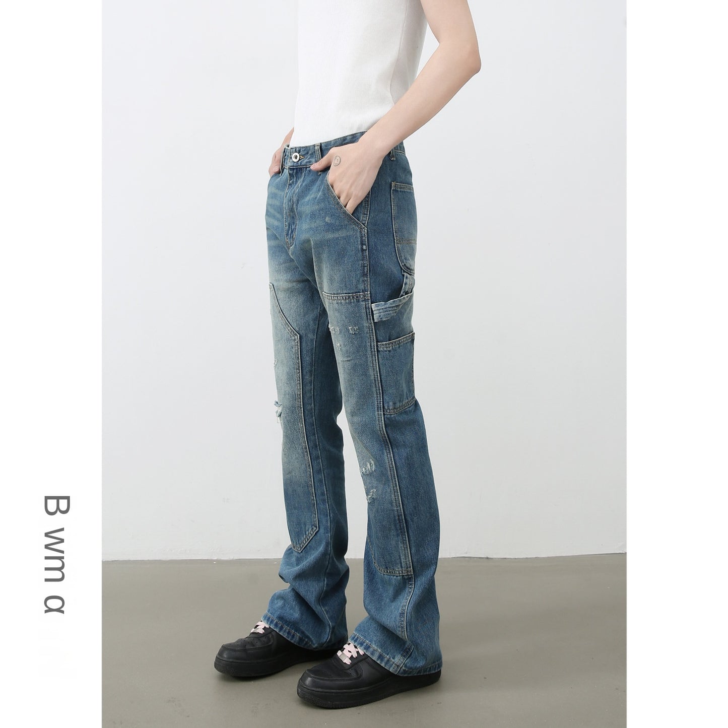 American Vintage Lumberjack Denim Trousers for Men | Water-Washed Distressed Loose Straight Leg Pants