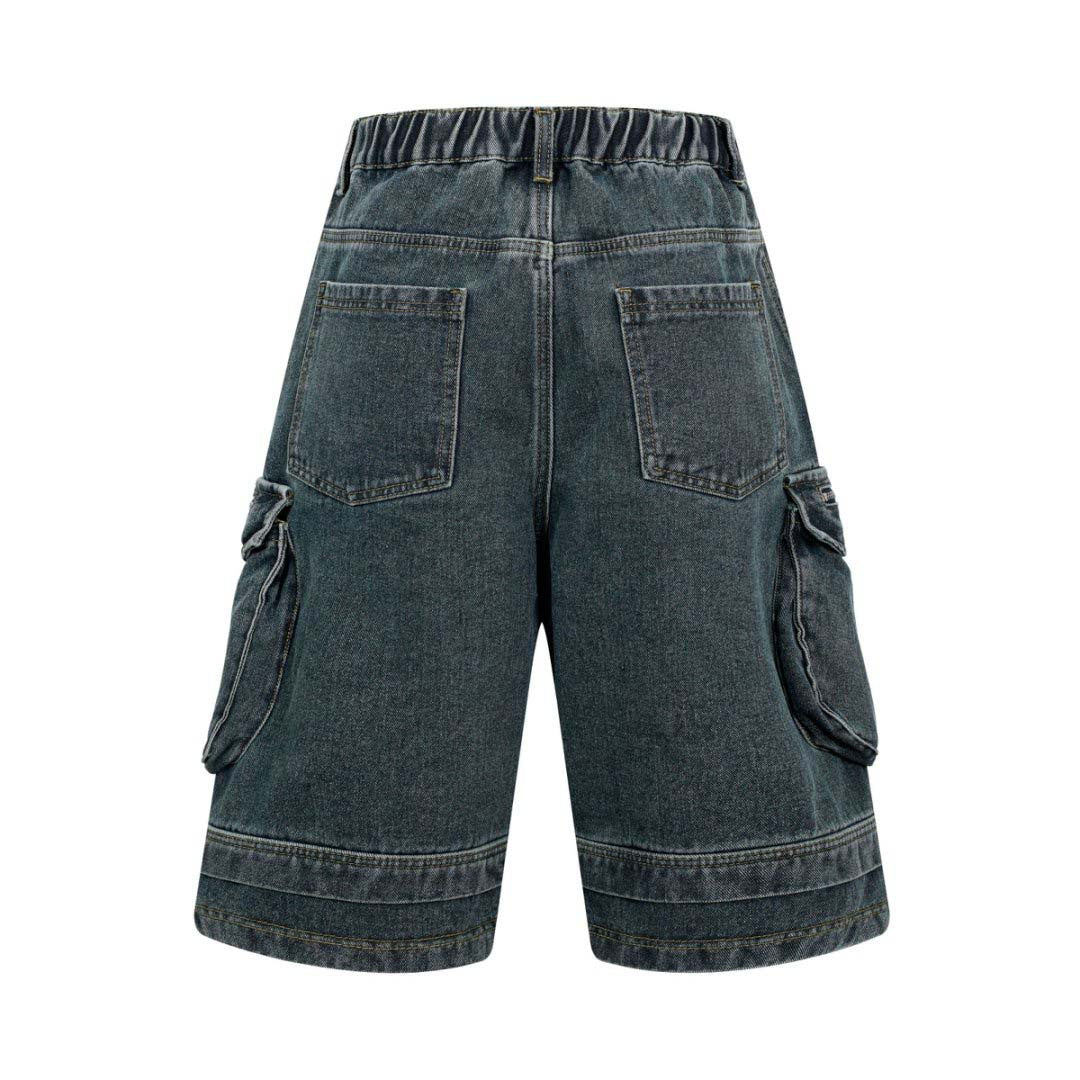 Washed Multi-Pocket Workwear Denim Shorts - Unisex Loose Fit