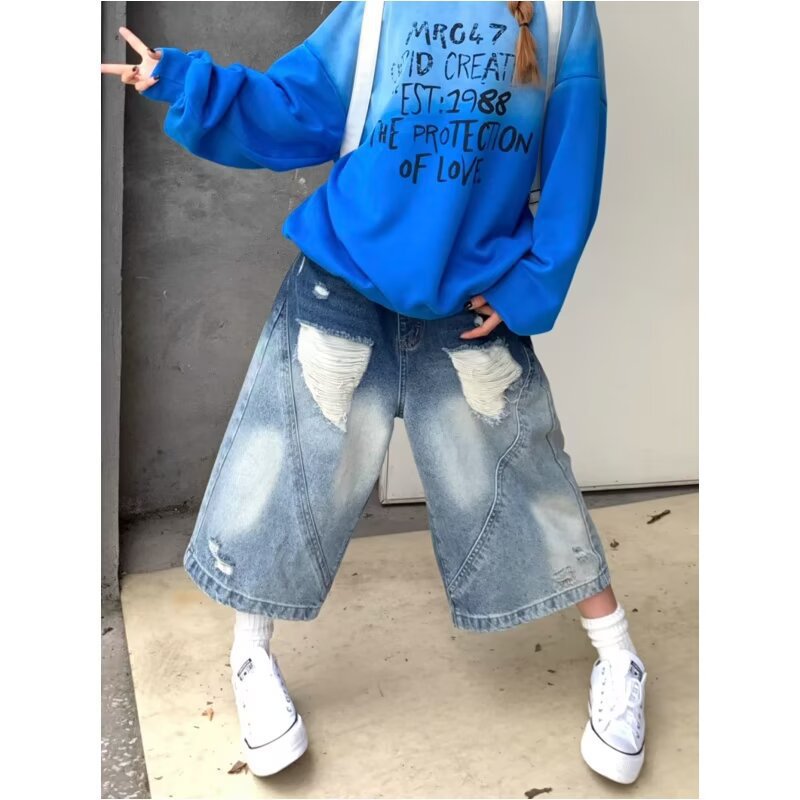 Retro Gradient Washed Distressed Denim Shorts - Unisex Summer Straight Loose Wide Leg