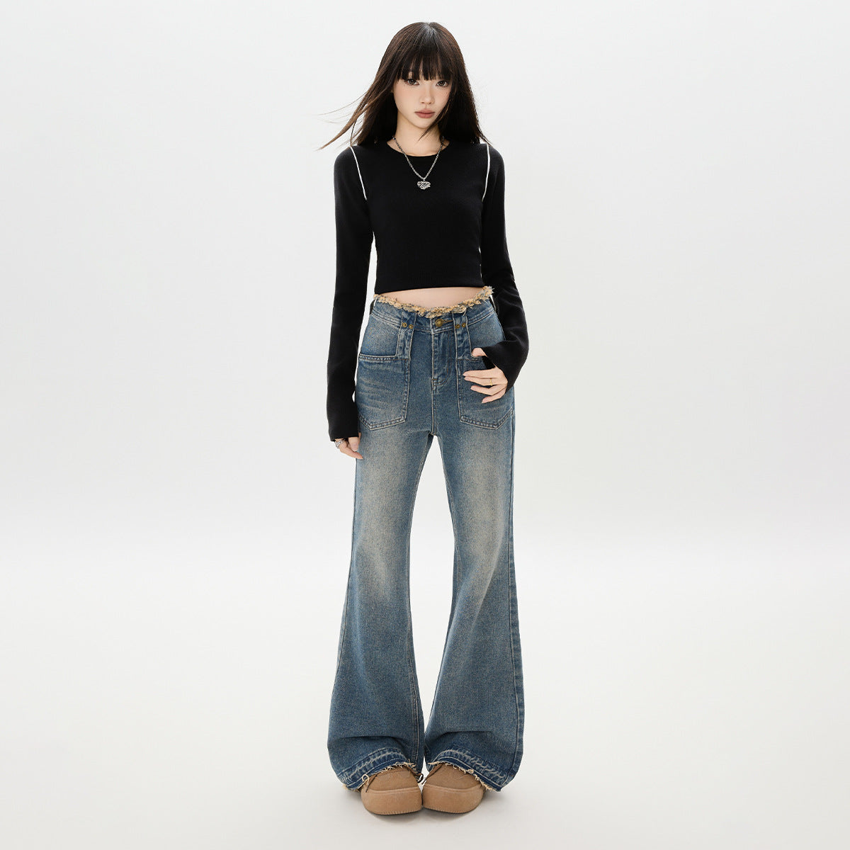 Retro Flared Denim Pants for Women - High Waist Slim Frayed Hem