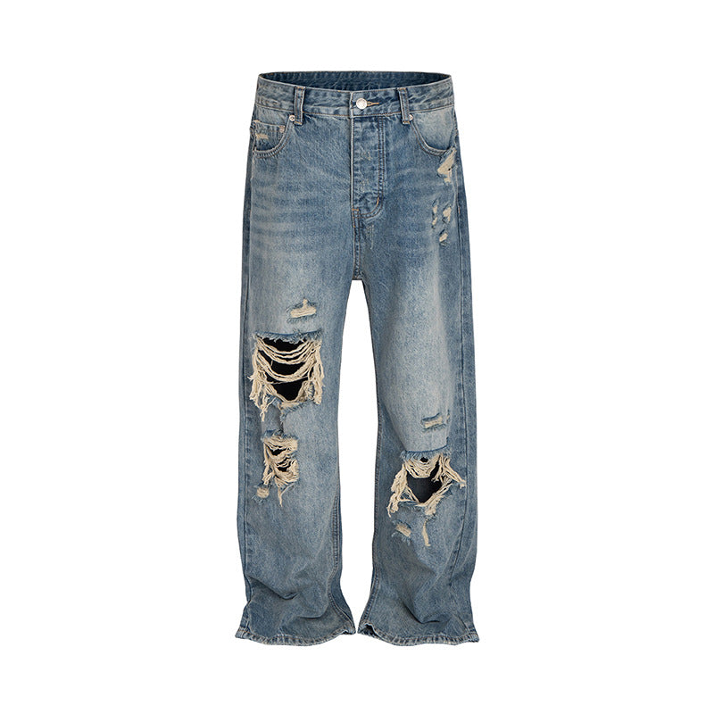 High Street Distressed Hole Denim Long Pants - Washed Loose Wide Leg Jeans