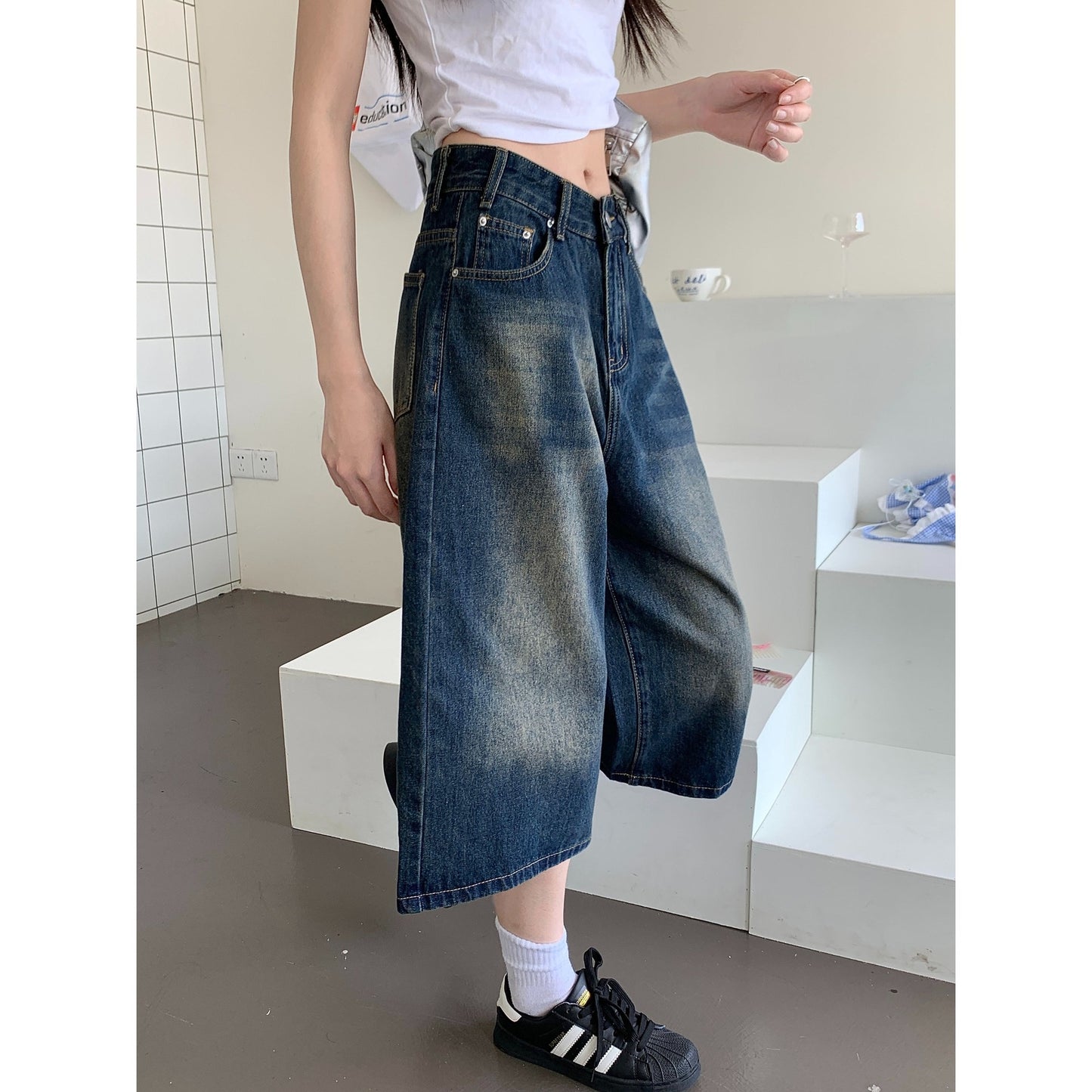 Loose Wide Leg Slimming Retro Straight Leg Mid Length Pants
