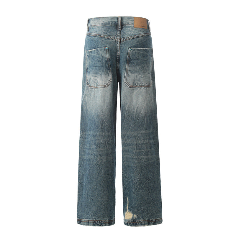 Street Trendy Distressed Denim Pants for Men - Loose Straight Design