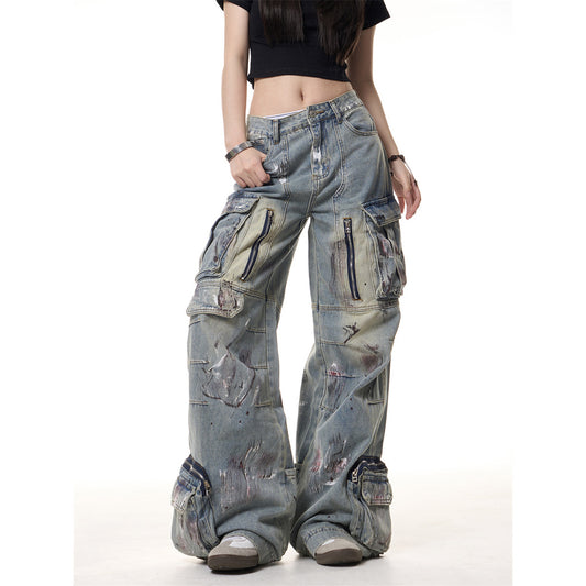 Retro Graffiti Multi Pocket Wide Leg Jeans