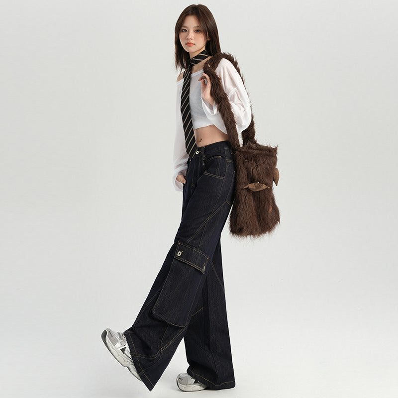 Women's Multi-Pocket Cargo Wide-Leg Jeans - Loose Slim Floor-Length Pants