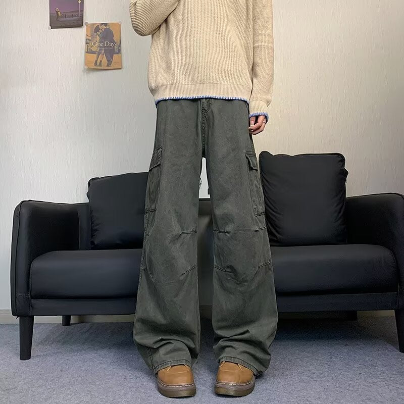 Loose Straight Leg Wide Leg Denim Pants - Multi Pocket Casual Style