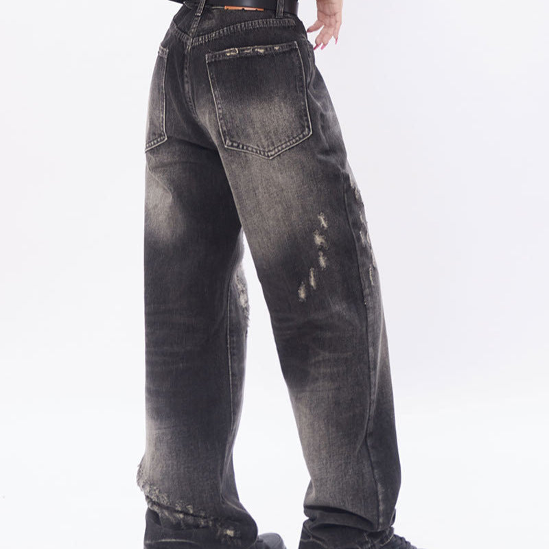 Loose Distressed Scratched Straight Leg Jeans - Premium Japanese Denim
