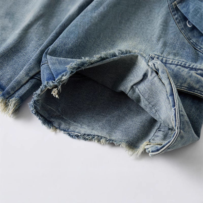Retro Washed Five-Quarter Casual Shorts Denim Pants - Unisex Multi-Pocket Loose Wide-Leg Pants