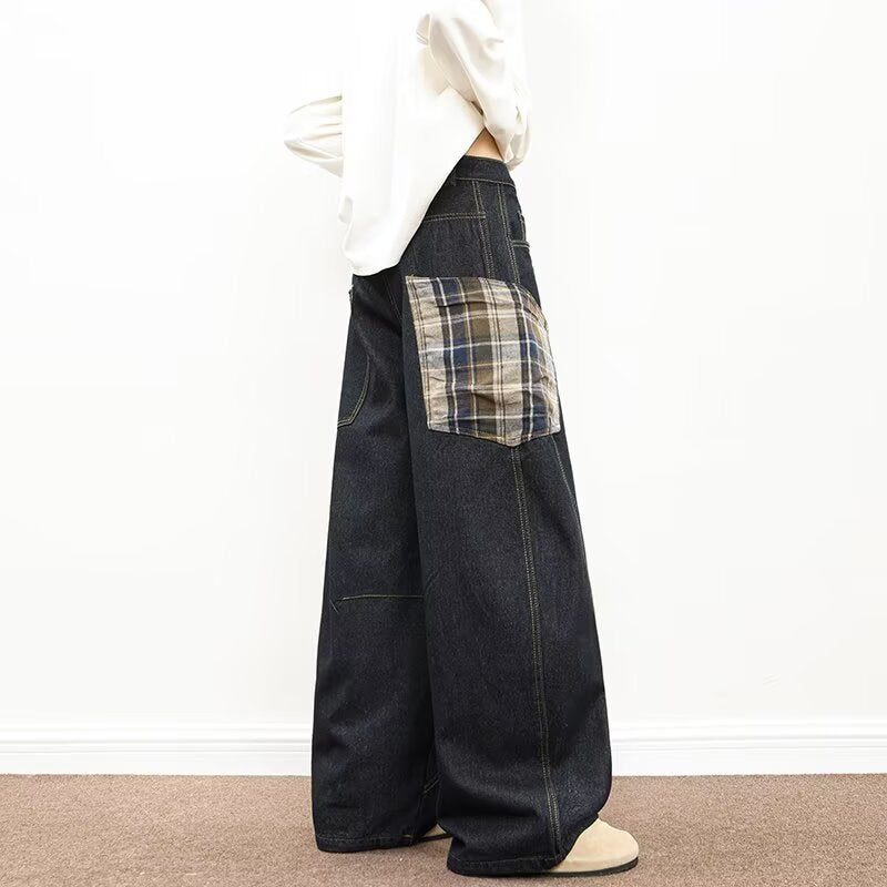 Vintage Plaid Patchwork Large Pocket Curved Jeans
