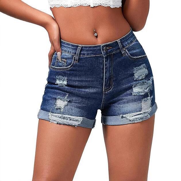 Elastic Hole Rolled Hem High Waist Women's Shorts - Streetwear Denim Pants
