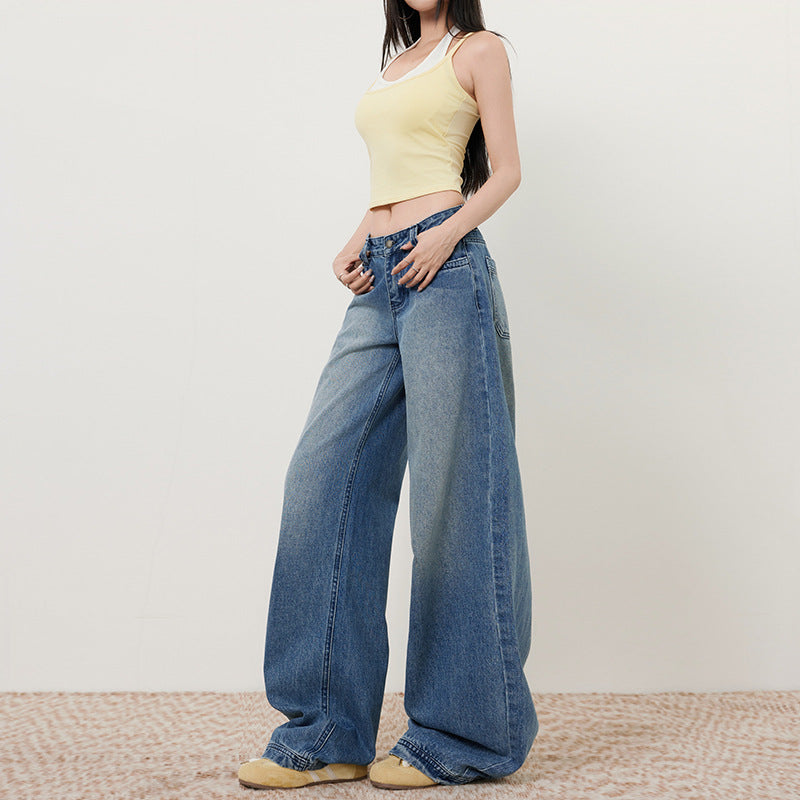 Retro Washed Blue Wide-Leg Jeans for Women - Loose Slimming Low-Waist Straight Leg Trousers