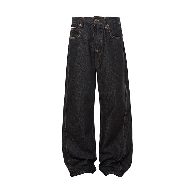 Dark Color Topstitching Straight Loose Commuting Denim Trousers