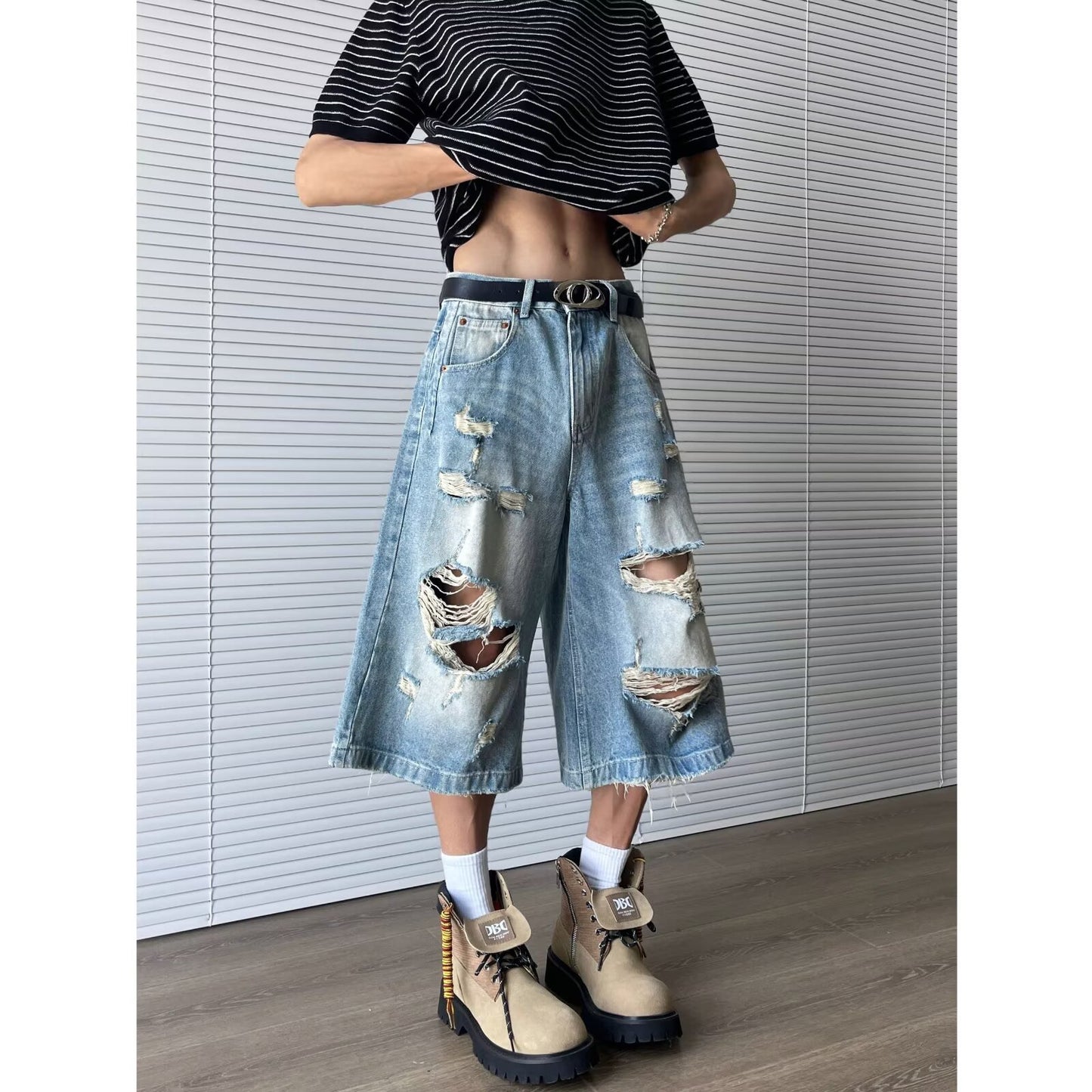 Ripped Denim Seven-Part Washed Distressed Wide Leg Shorts