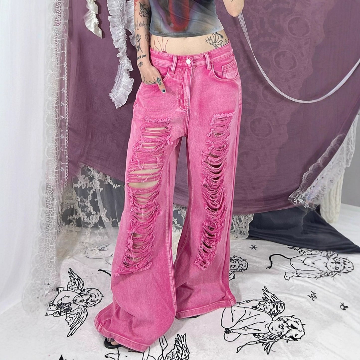 Perforated Hollowed Out Low Waisted Jeans for Women