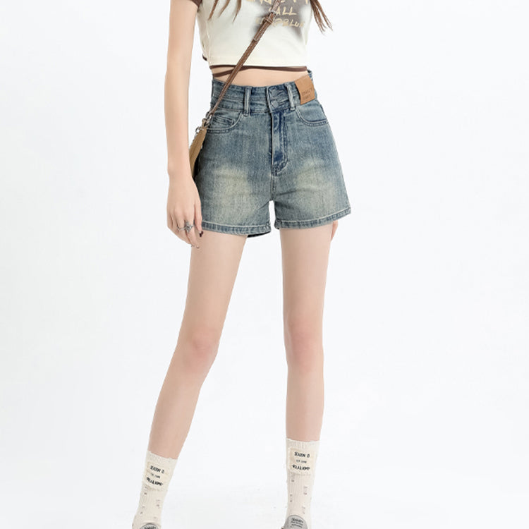 Retro High Waist Slimming A-Line Denim Shorts for Women