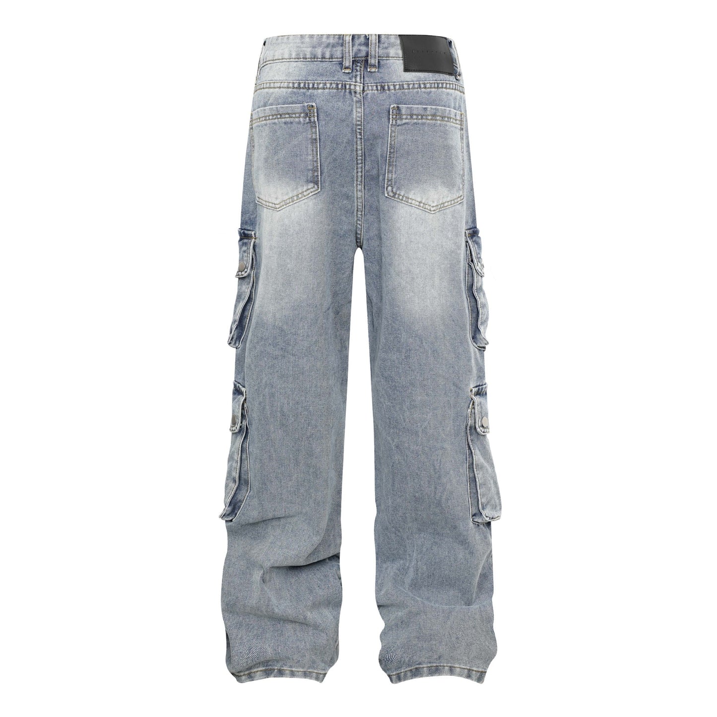 High Street Washed Vintage Multi-Pocket Denim Work Pants - Unisex Loose Wide-Leg Tactical Trousers