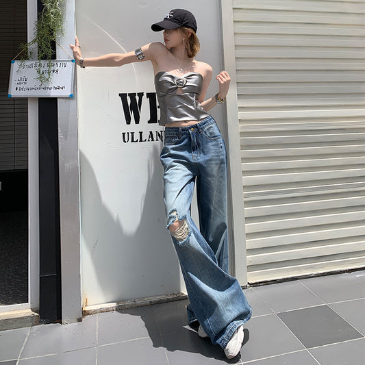 Women's Denim Blue Distressed Wide Leg Pants - Loose Fit Slimming Floor Length Trousers