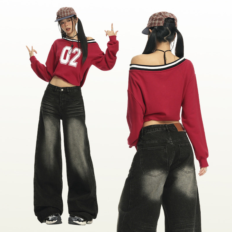 High Street Washed Loose High-Waisted Wide-Leg Jeans for Women