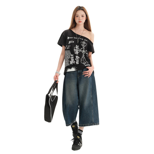 Women's High-Waisted Wide-Leg Jeans - Retro Seven-Quarter Pants
