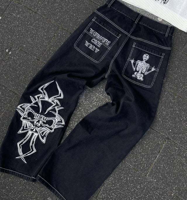 Retro Hip-Hop Goth Skeleton Embroidered Wide Leg Denim Jeans for Men
