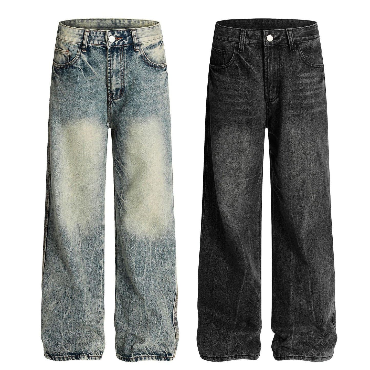 Street Style Simple Washed Denim Long Pants - Retro Loose Fit
