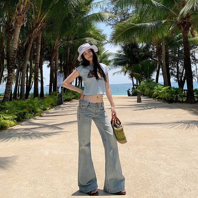 Women's Shallow Blue Flared Jeans - Summer Thin Low Waist Trumpet Pants