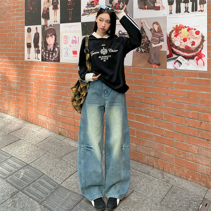 Retro Smocked Loose Flare Denim Pants for Women - Summer Casual Long Trousers