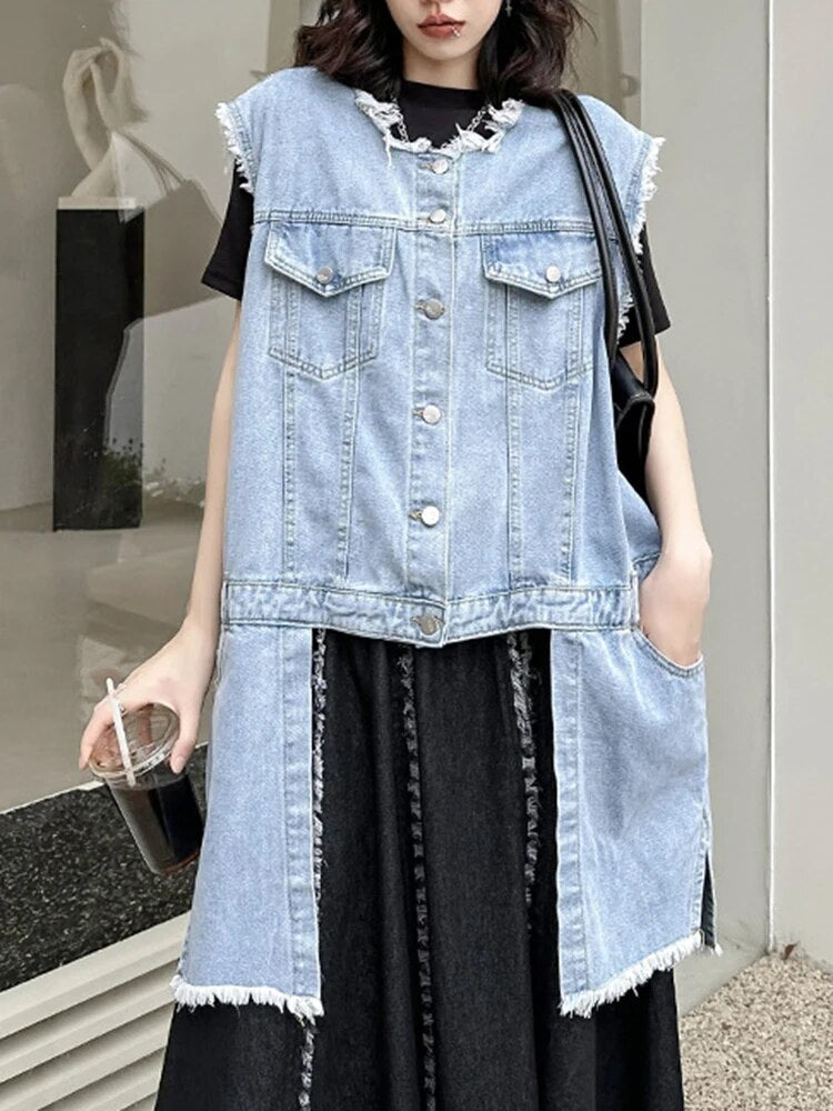 Women’s Loose Fit Blue Denim Irregular Burr Big Size Vest - O-Collar Sleeveless