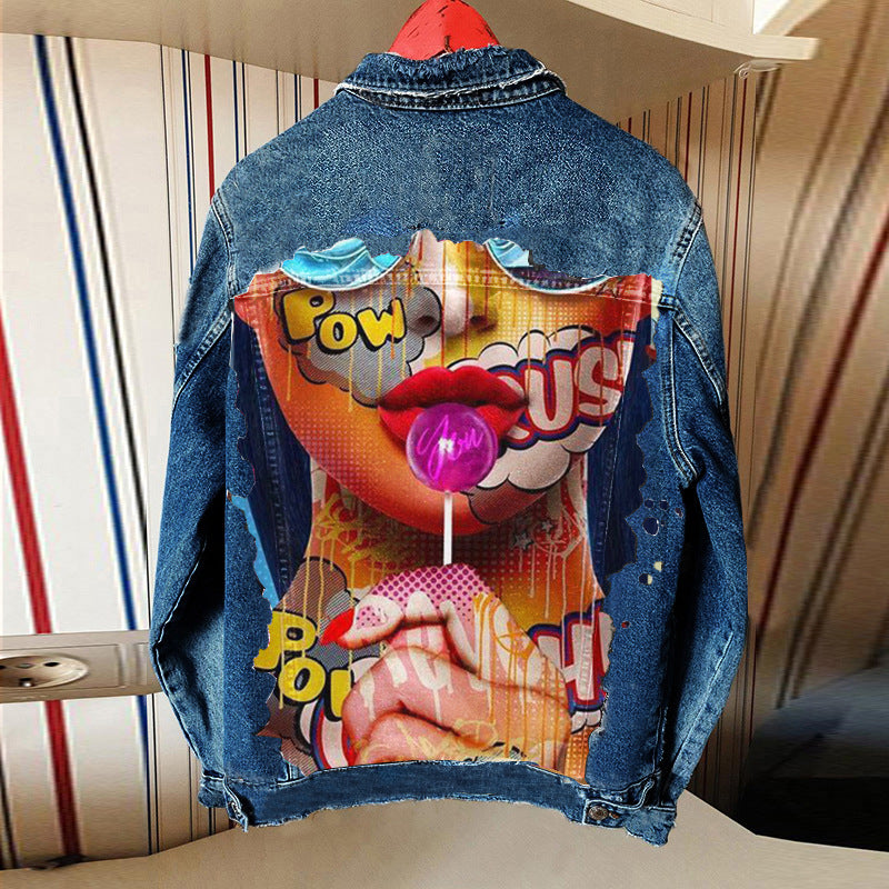 Women's Autumn Street Style Red Denim Jacket with Tongue Out Print