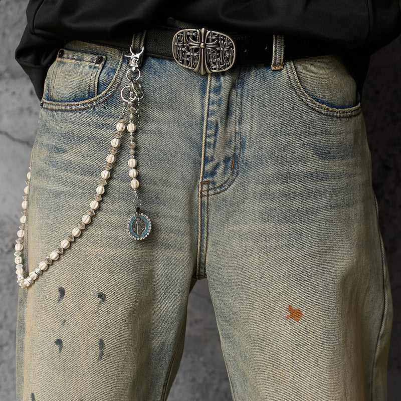 Streetwear Design Spray Painted Knife Pants for Men - Loose Fit Distressed Denim Jeans