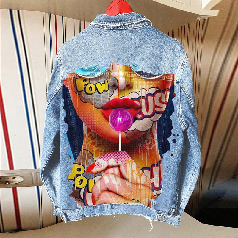 Women's Autumn Street Style Red Denim Jacket with Tongue Out Print