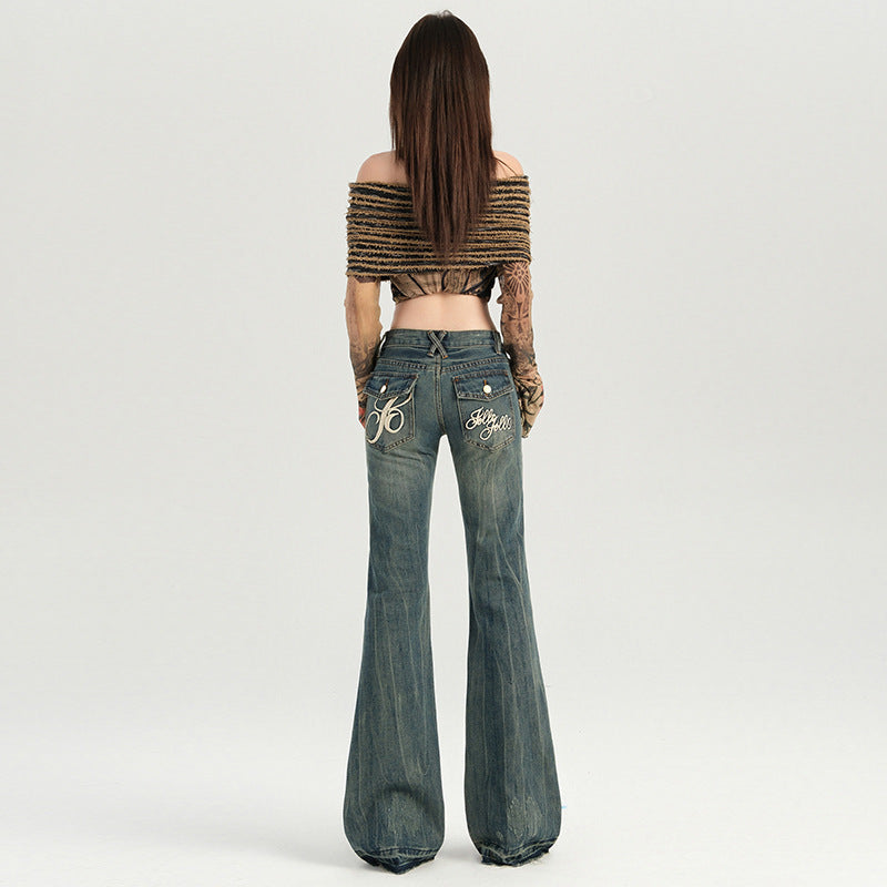 Women's Design Low Waist Flared Jeans - Versatile Floor-Length Pants