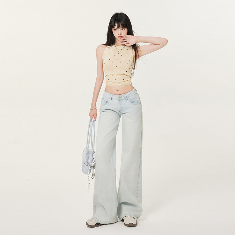 Women's Low Waist Light Color Straight Leg Jeans - Slimming Floor-Length Pants