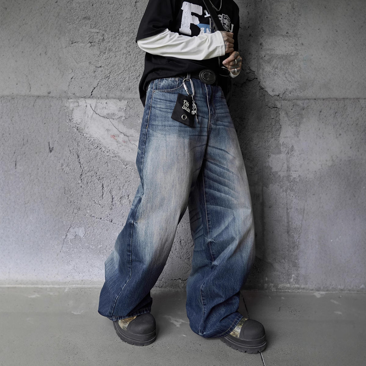 Vintage High-Quality Denim Pants for Men - Washed Gradient Distressed Wide-Leg Style