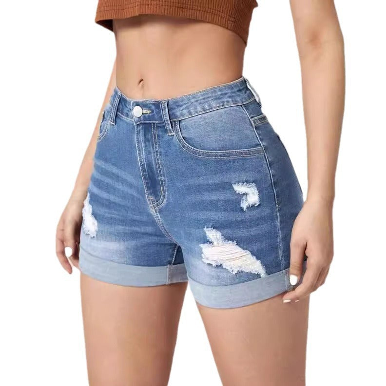 Elastic High-Waist Distressed Cuffed Denim Shorts for Women