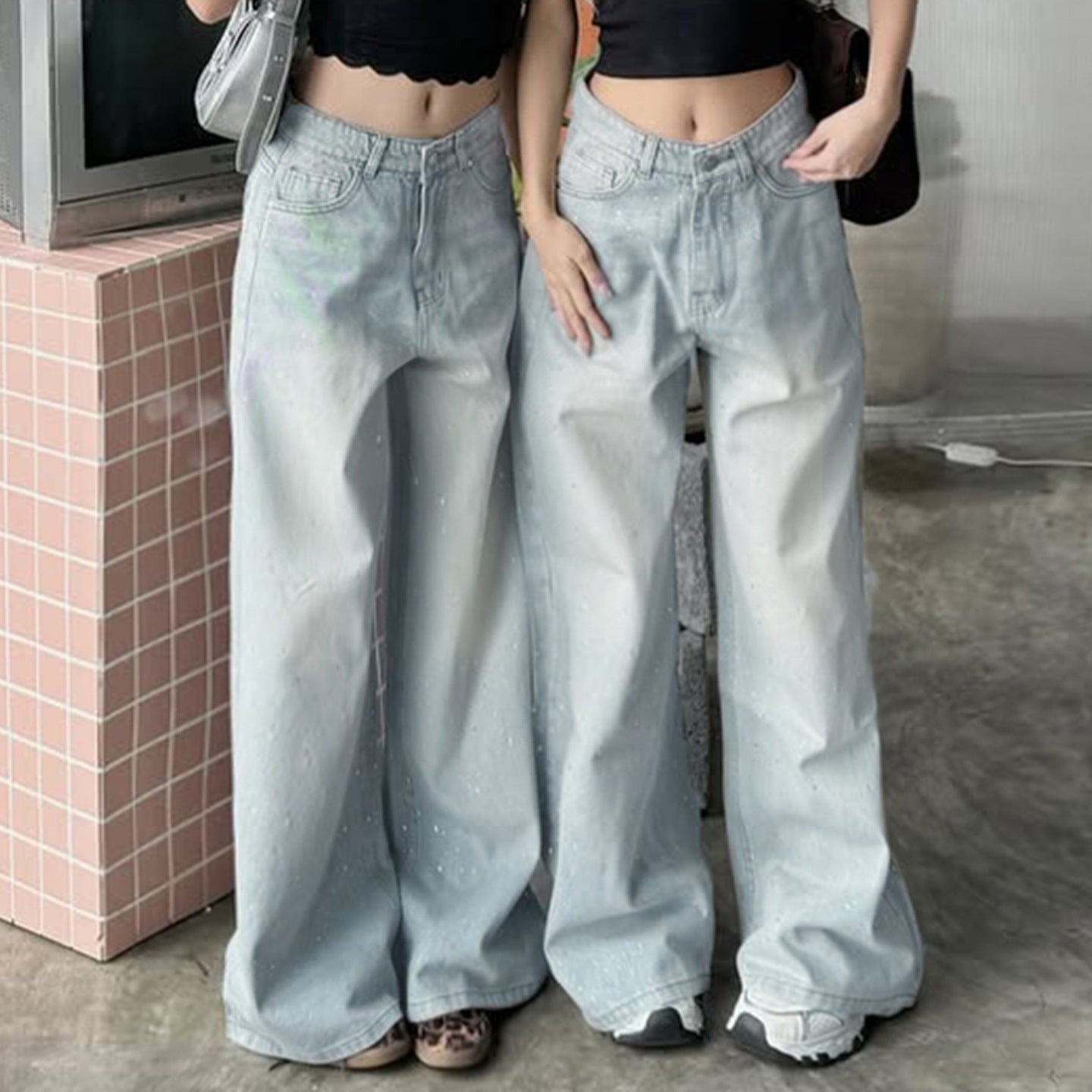 Premium Retro Washed Rhinestone Low Rise Jeans