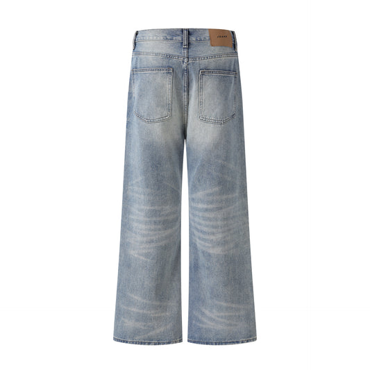 Design Faded Washed Whisker Loose Wide Leg Men's Denim Trousers