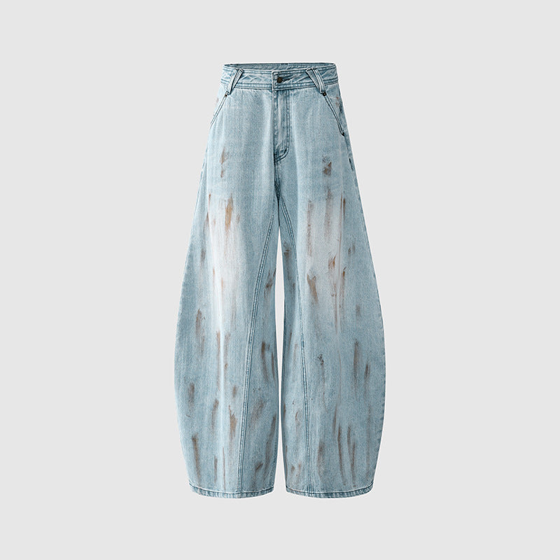 Dye-Effect Knife-Edge Denim Pants - Mid-Waist Patchwork Wide-Leg Floor-Length Pants