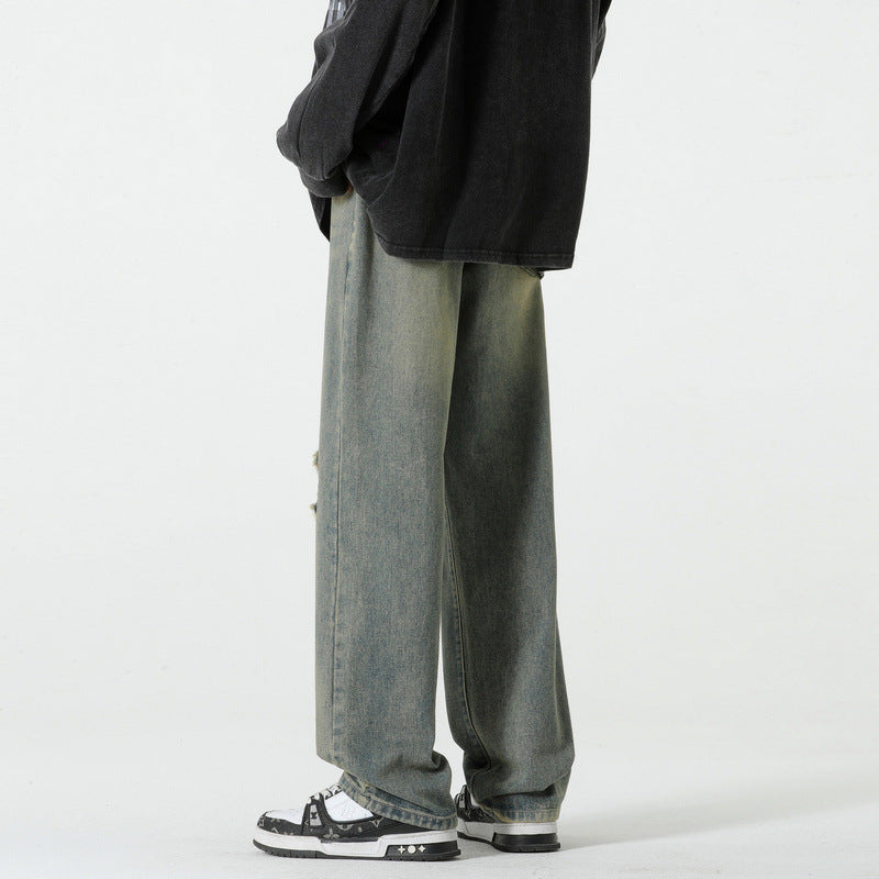 Hole-Designed Straight Leg Jeans for Men – Vintage Blue