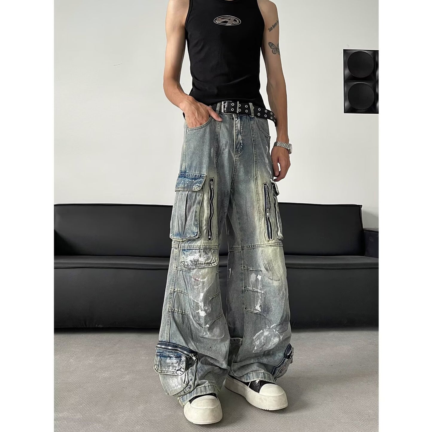 Multi Pocket Wide Leg Denim Straight Leg Casual Workwear Pants