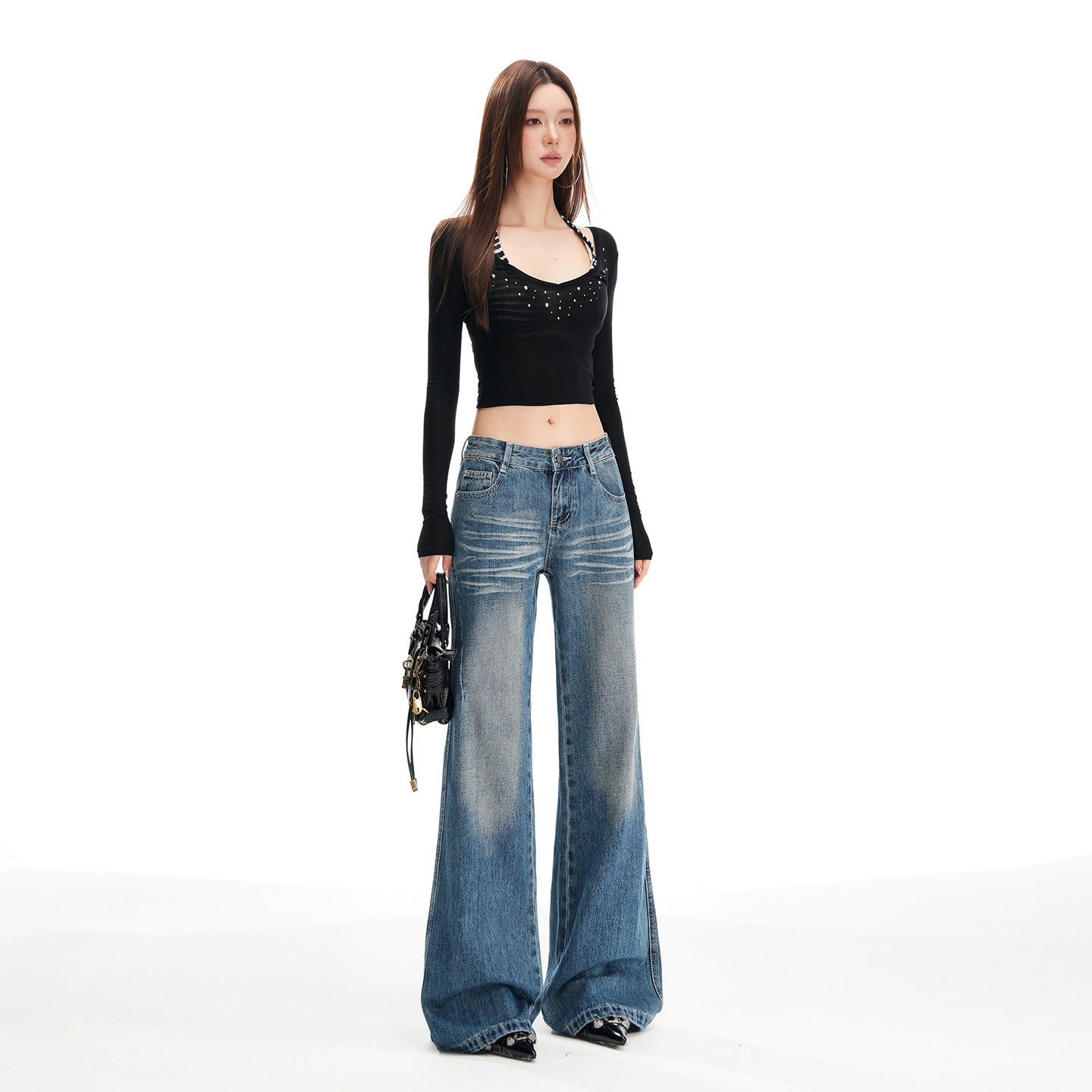 Women's Blue Flared Jeans - Autumn Heavy Wash, Hip-Lifting, Non-Clinging