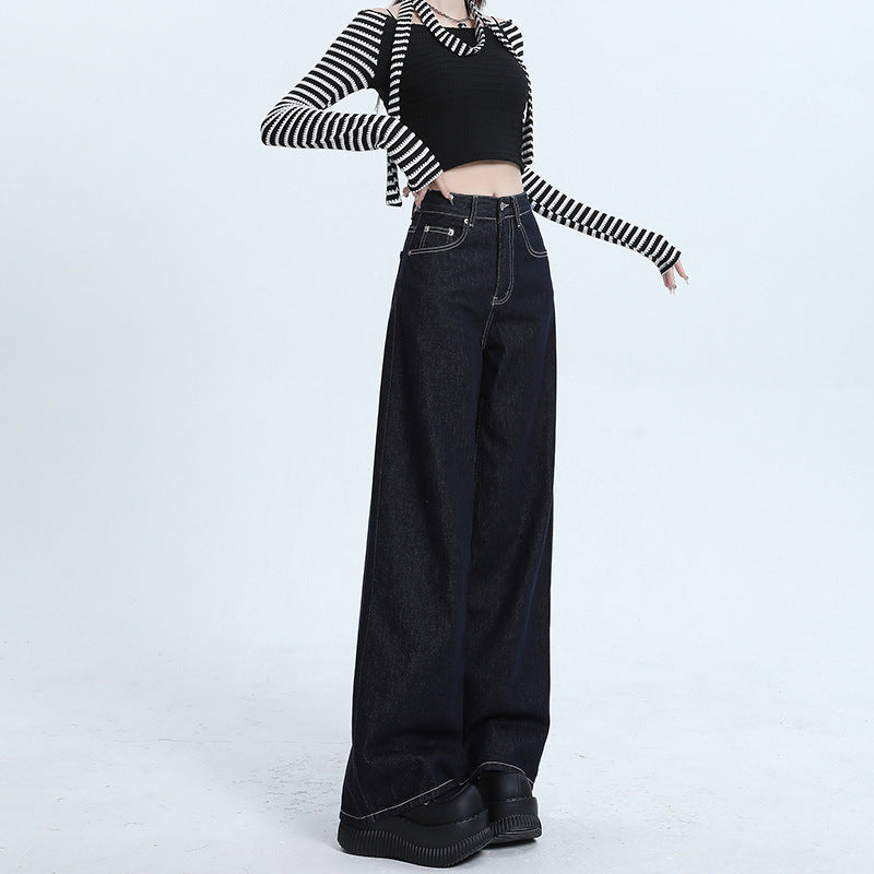 Women's Deep Blue Wide-Leg Slimming Jeans High-Waisted Loose Straight Pants