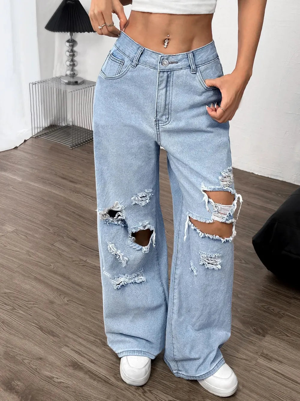 Distressed Wide Leg Jeans with Pockets - Premium Japanese Denim