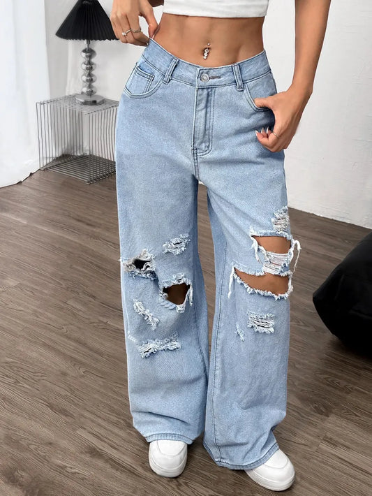 Distressed Wide Leg Jeans with Pockets - Premium Japanese Denim