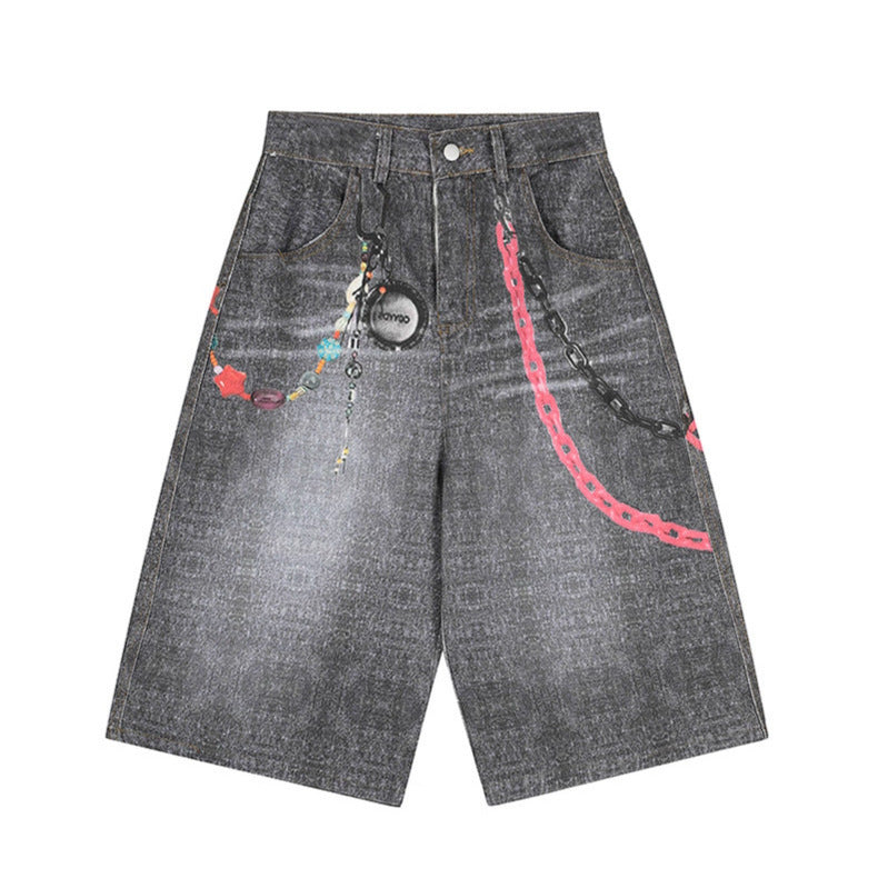 Chain Printed Denim Shorts - Premium Japanese Streetwear