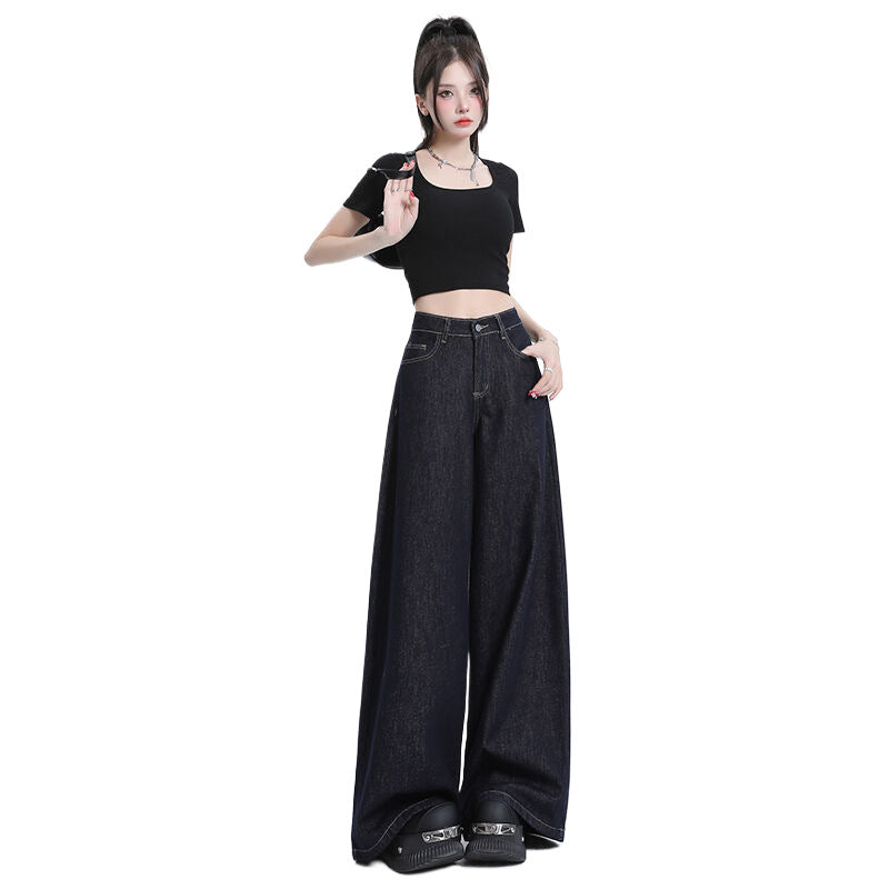 Loose Wide-Leg Denim Pants for Women - High-Waist Draped Straight Ankle-Length Trousers
